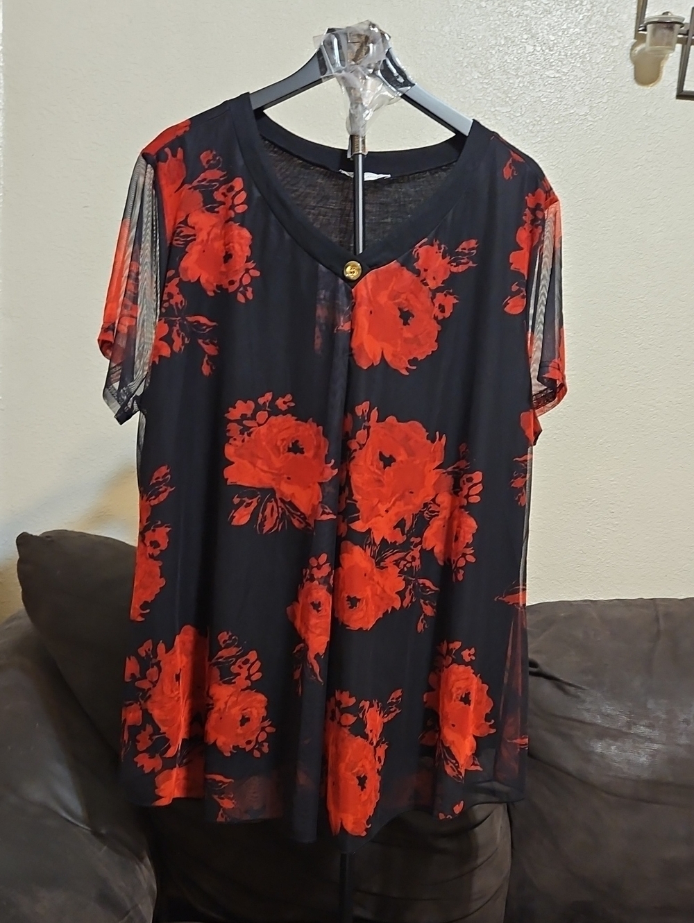 Black Floral Short Sleeve Women's Tee with Red Blooms